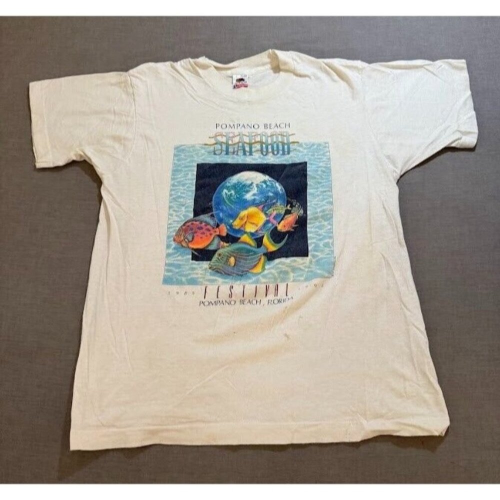 Pompeno Beach Seafood‎ Festival Shirt Adult L White Short Sleeve Tee 80s.